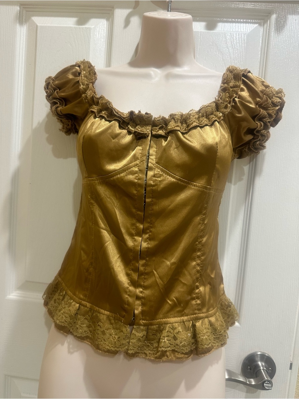 Papaya Gold Ruffle Satin Peasant Blouse